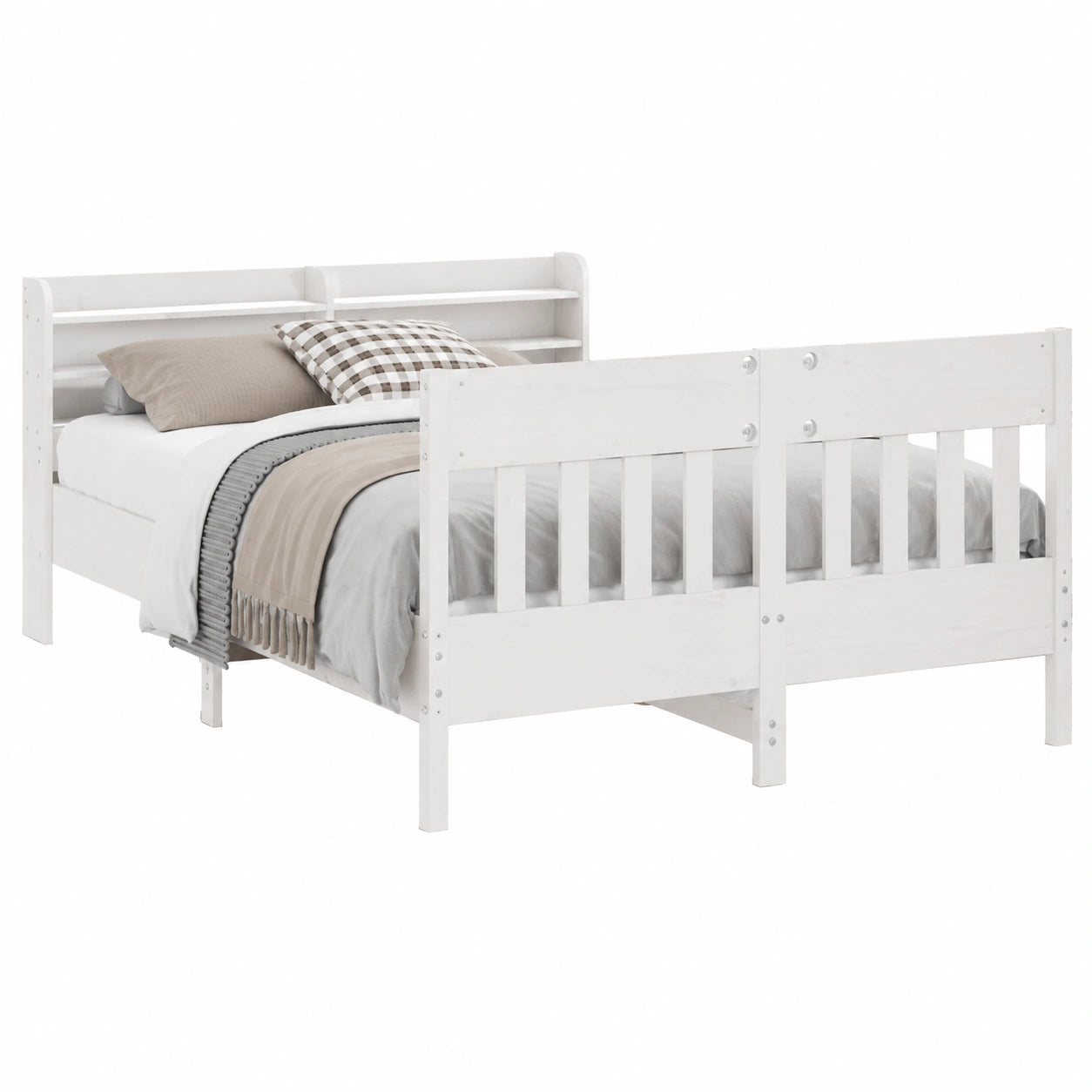 Kiefernholzbett 140x190 cm Weiß mit Kopfteil und Stauraum, Solides Bettgestell für Komfort und Erholung im Schlafzimmer
