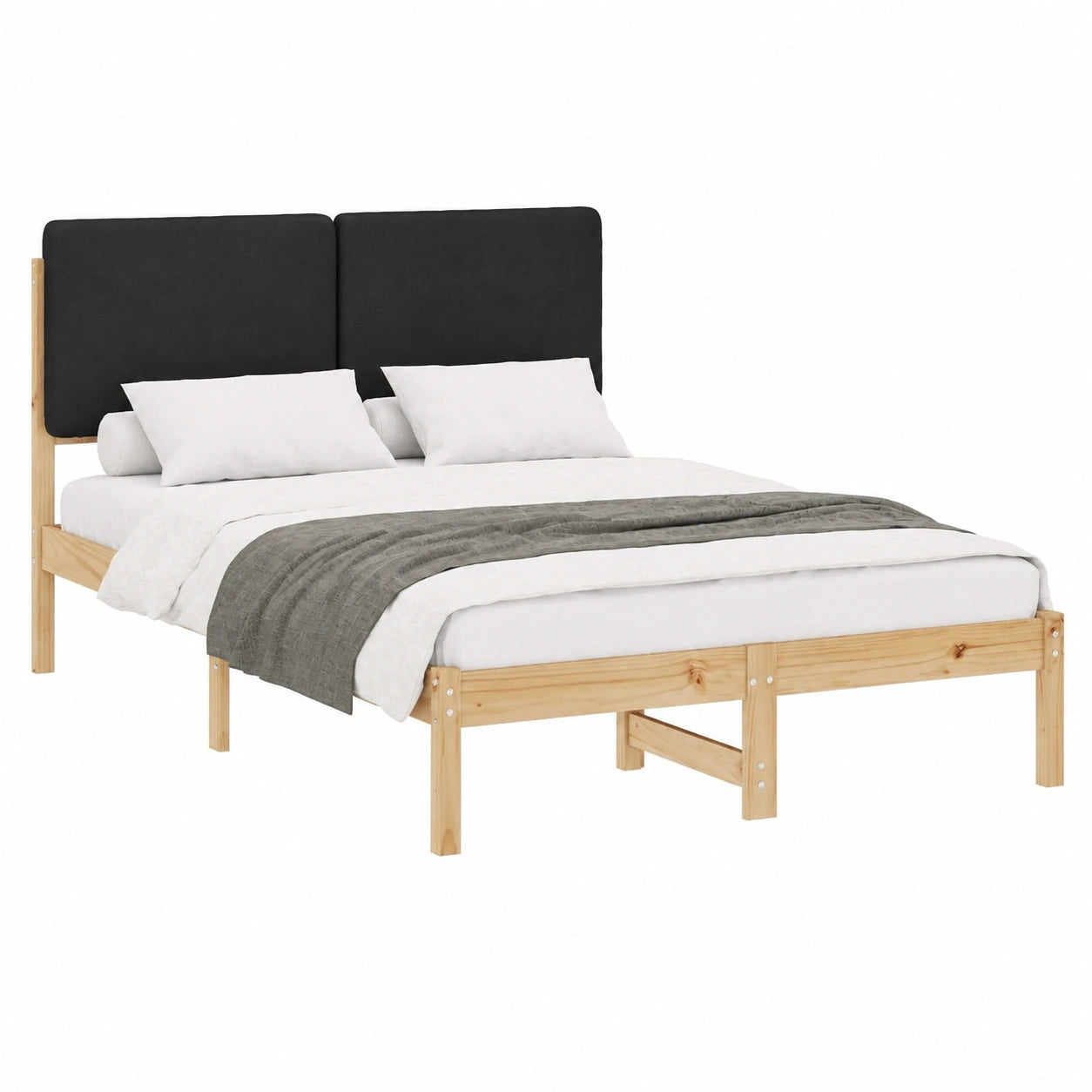 Schwarzes Polsterbettgestell aus Kiefernholz, 135x190 cm, Plattformrahmen ohne Boxspring, modernes Design für Paare