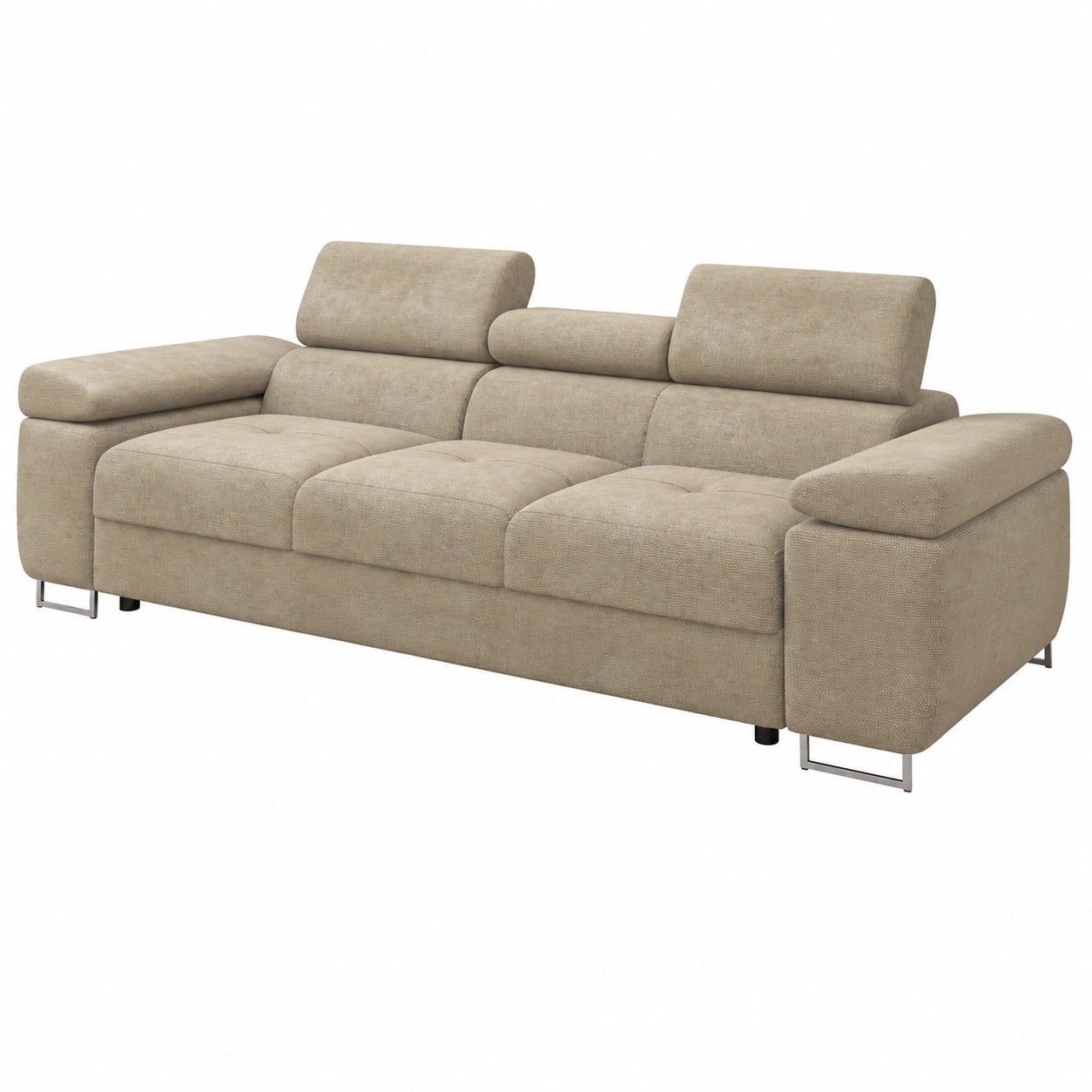 Stylisches Dreisitzer-Sofa Torezio III mit verstellbaren Kopfstützen und Chrom-Metallfüßen