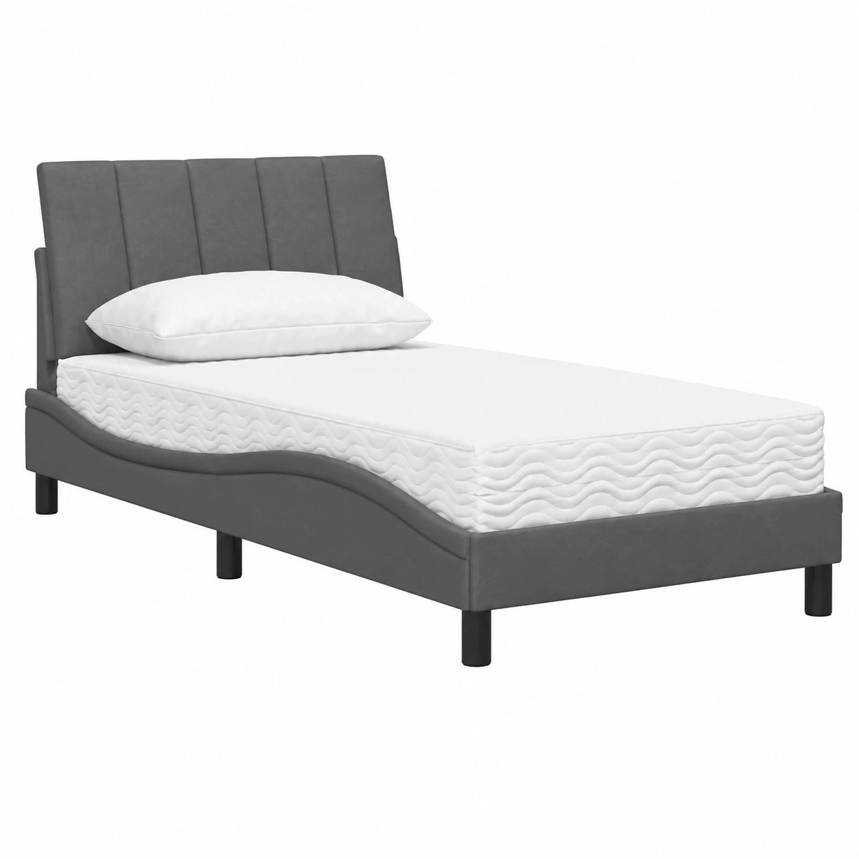 Komfortables Polsterbett Hanko Dunkelgrau mit Matratze, 90x200 cm, Metallrahmen und Kopfteilkissen