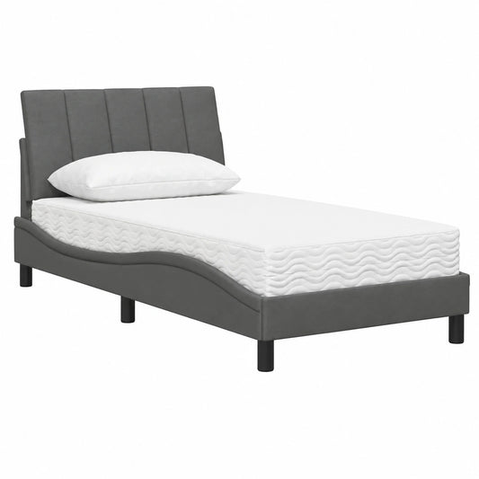 Komfortables Polsterbett Hanko Dunkelgrau mit Matratze, 90x200 cm, Metallrahmen und Kopfteilkissen