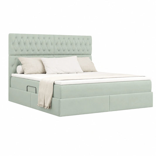 Modernes Bett mit LED, Hellgrau Samt, 160x200 cm, Metallrahmen, Hydraulik-Stauraum, Taschenfederkern