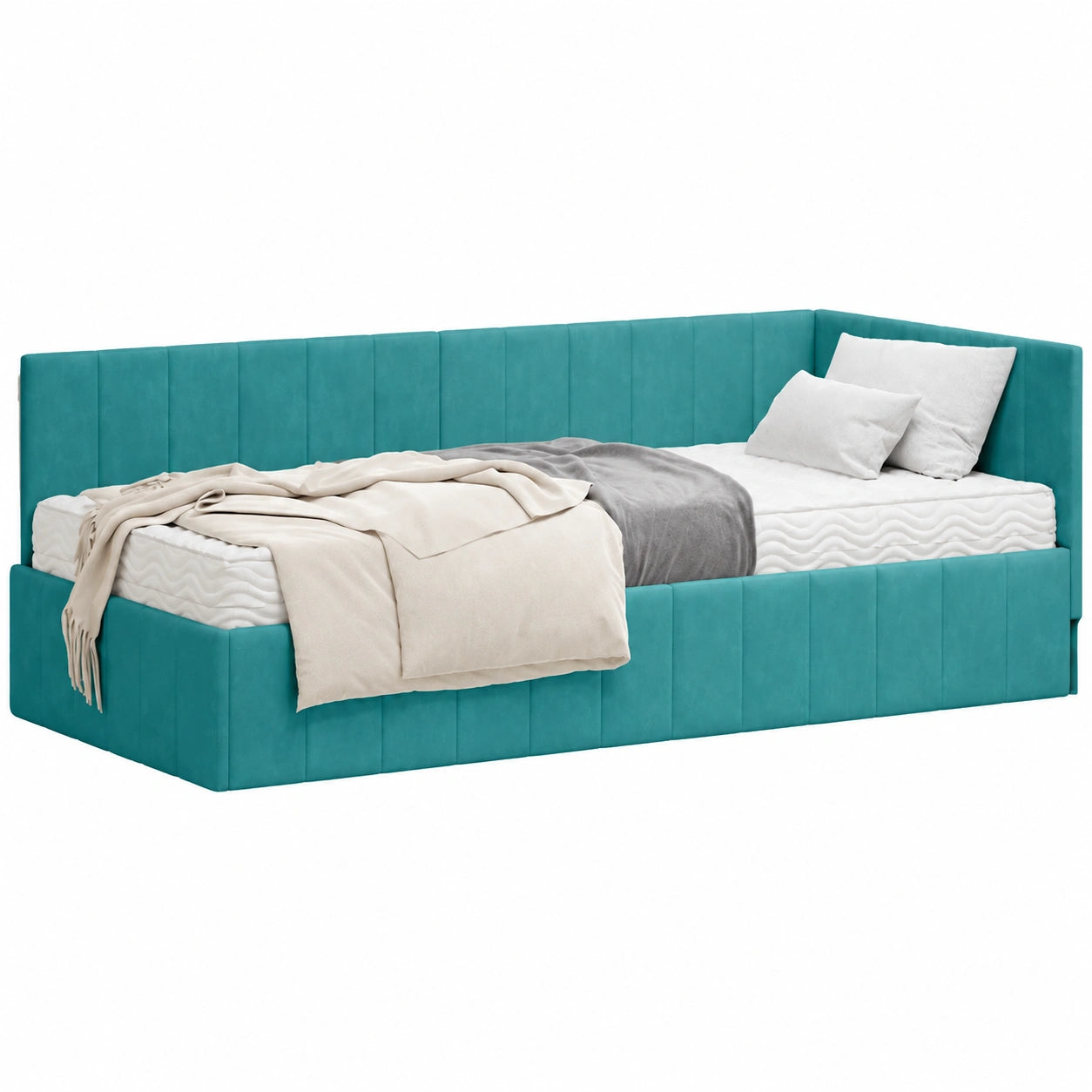 Platzsparendes Eckbett mit Samtbezug, 194x94x72 cm, Türkis, Komfortschaum und Sperrholz