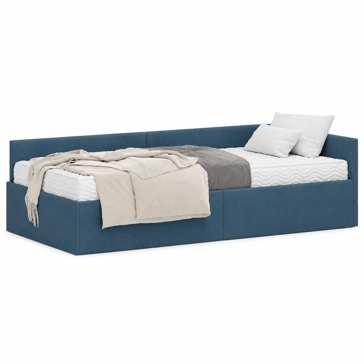 Modernes Einzelbett aus Samt in Blau mit verstellbarem Kopfteil und atmungsaktiver Matratze, 204x104x57 cm