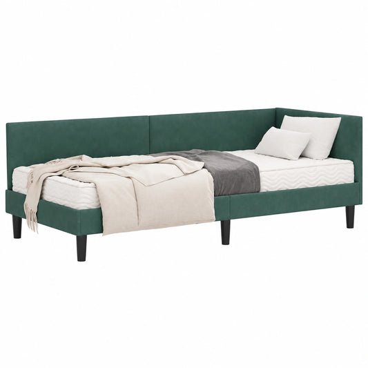 Modernes Plattformbett aus grünem Samt mit gepolstertem Kopfteil und langlebiger Matratze, 204 x 104 x 72 cm