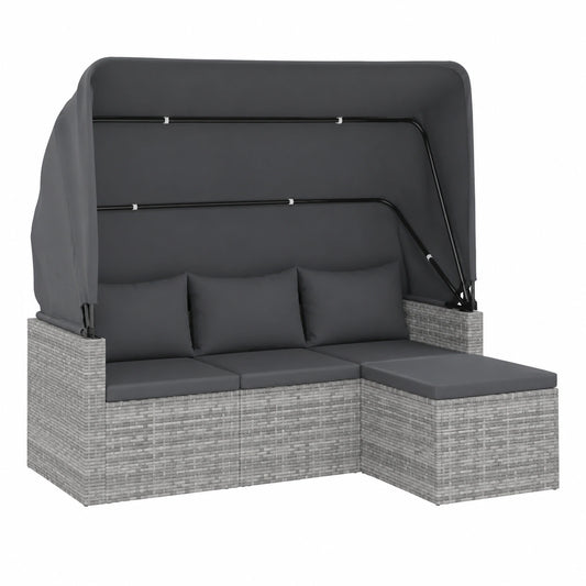 3-Sitzer Gartensofa mit Verdeck und Fußhocker, Poly Rattan, Grau