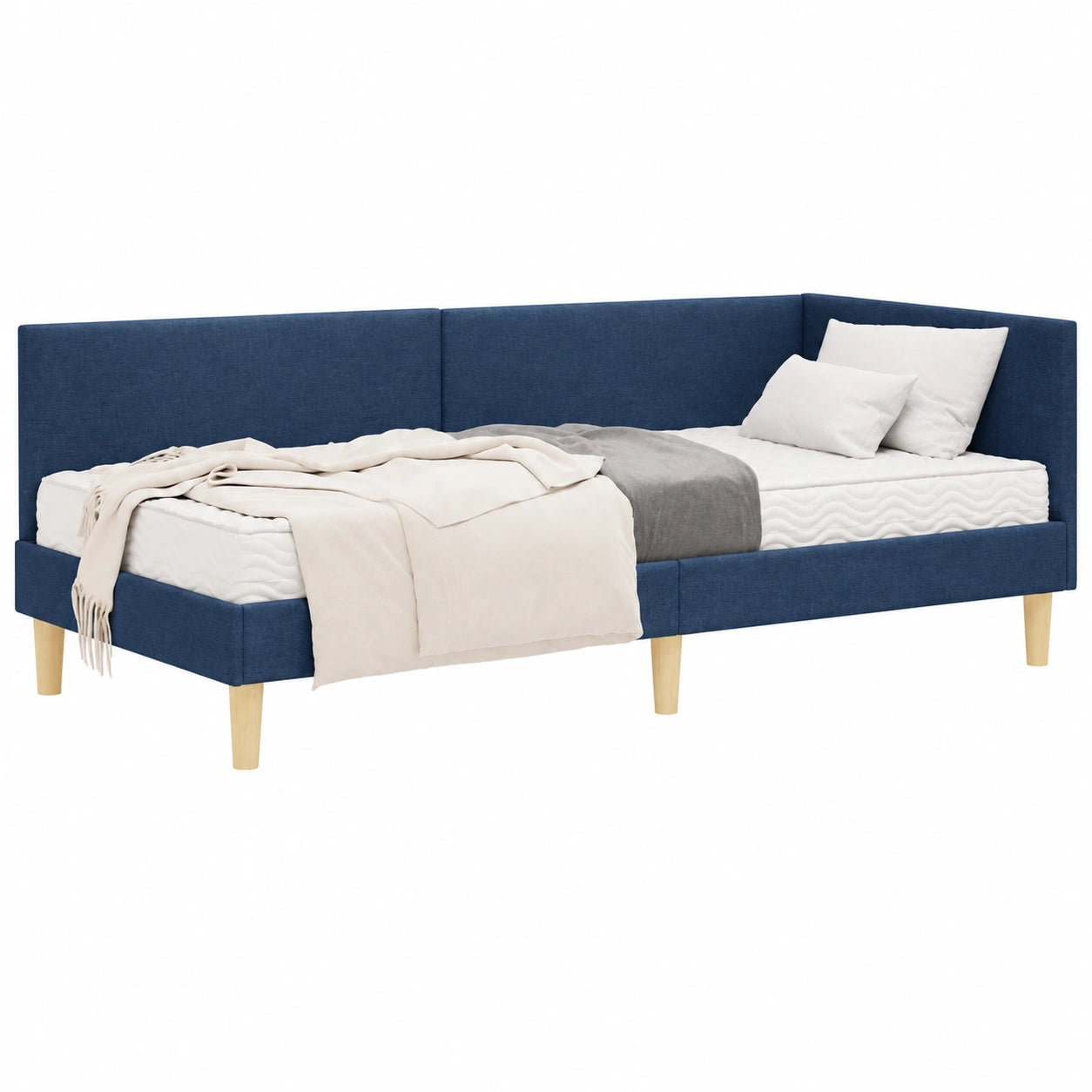 Elegantes Einzelbett mit Blauer Stoffbezug und Atmungsaktiver Matratze, 204x94x72 cm