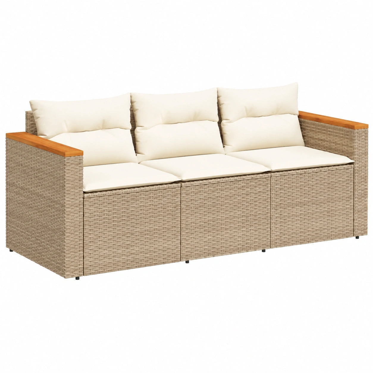 Moderner 3-Sitzer Garten-Loungesofa mit Kissen, Stahlrahmen, Beige Poly-Rattan