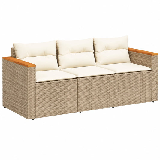 Moderner 3-Sitzer Garten-Loungesofa mit Kissen, Stahlrahmen, Beige Poly-Rattan