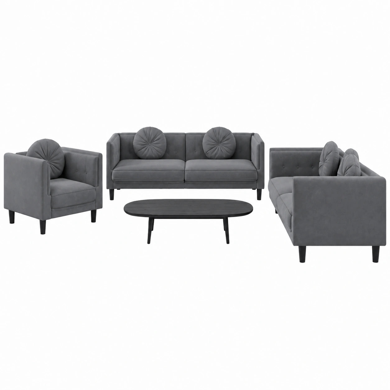 Modernes 3-teiliges Samt-Sofa-Set, dunkelgrau, für Wohnzimmer, inkl. Einzel-, 2- und 3-Sitzer