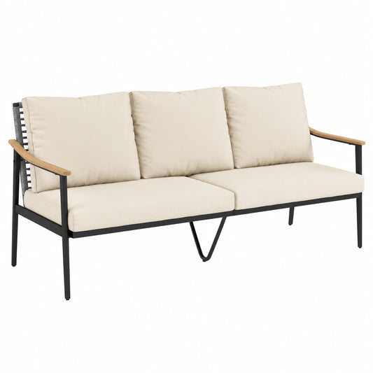 Outsunny Hochwertiges 3-Sitzer Rattan Gartensofa mit Abnehmbaren Kissen und Holzoptik-Armlehnen, Wetterfeste Gartenbank