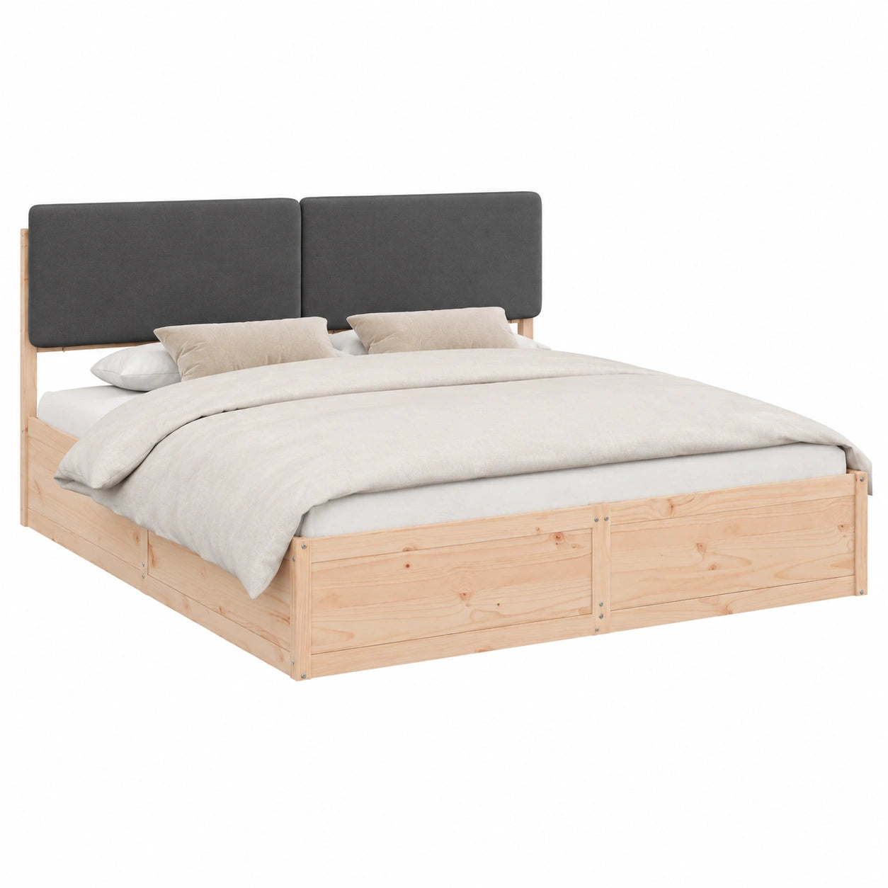 Massivholzbett mit Kopfteil, Dunkelgrau, 180x200 cm, Modernes Design, Einfache Montage