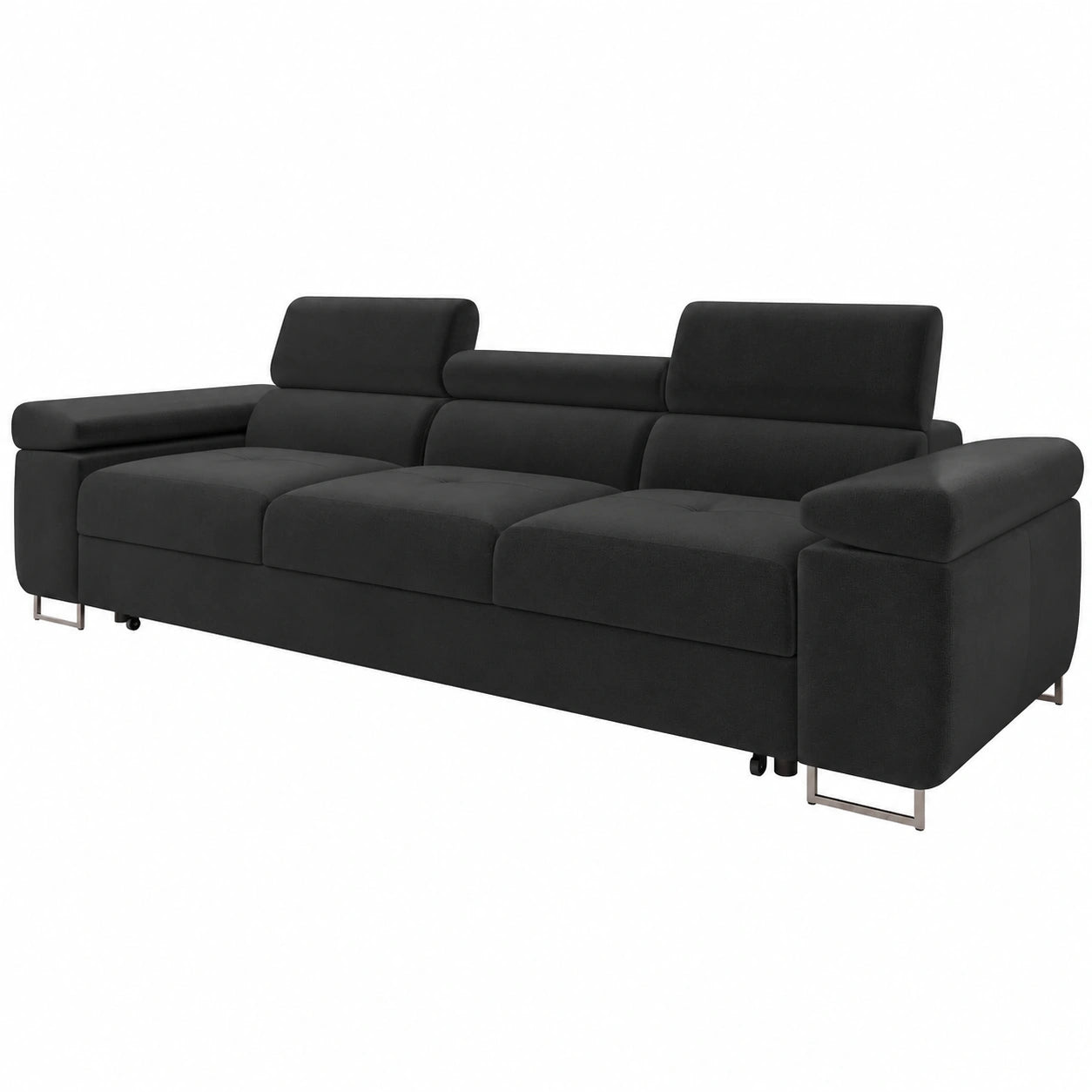 Elegantes Dreisitzer-Sofa mit Schlaffunktion und verstellbaren Kopfstützen, Metallfüßen in Chrom