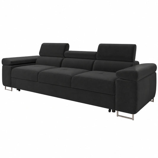 Elegantes Dreisitzer-Sofa mit Schlaffunktion und verstellbaren Kopfstützen, Metallfüßen in Chrom