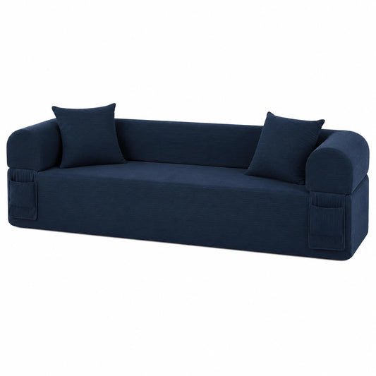 BMMB Komfortables Dreisitzer-Sofa aus Cord, inkl. Kissen und Poufs, Sofortgebrauch, Ideal für Wohn- und Schlafzimmer, Blau