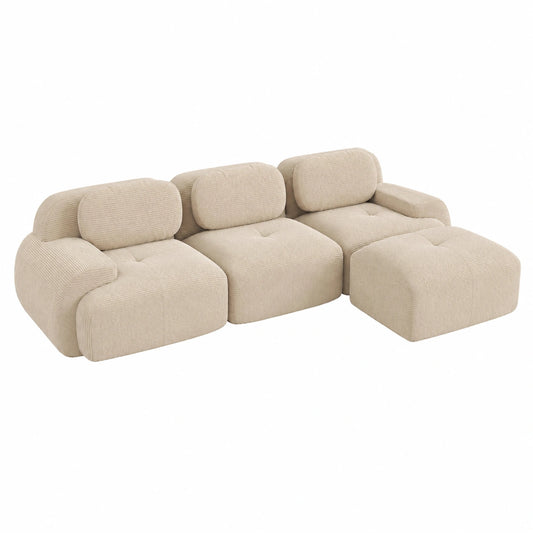 Bladez Modernes Ecksofa 3-Sitzer aus Cord mit Ottomane, Modulares L-förmiges Design, Beige, Ohne Montage, Kombinierbar für Wohnzimmer