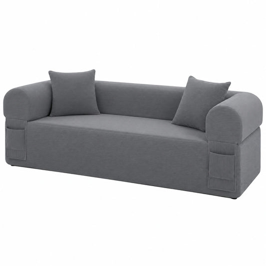BMMB Großes Cord-Sofa, 3-Sitzer, inkl. Kissen und Poufs, montagefrei, ideal für Wohn- und Schlafzimmer, Grau