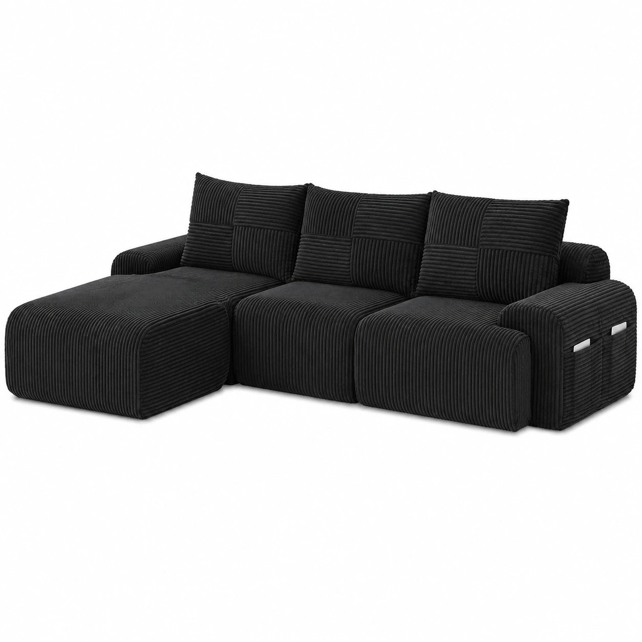 Modulares 3-Sitzer Sofa mit Hocker und Schlafoption, Inklusive Getränkehalter & Seitentasche, L-förmige Couch für Wohnzimmer, Schwarz