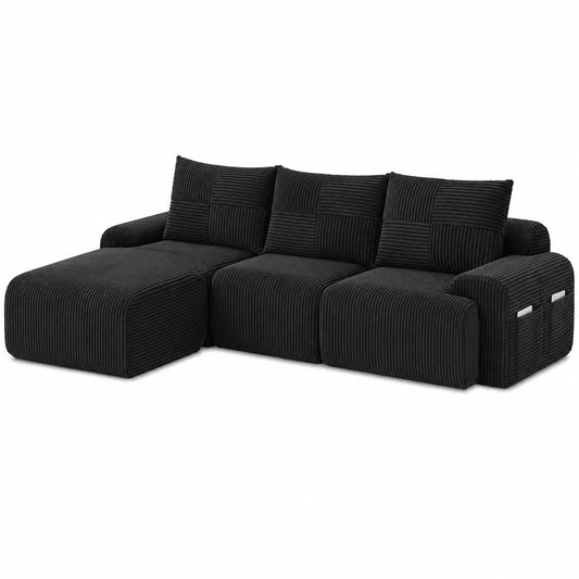 Modulares 3-Sitzer Sofa mit Hocker und Schlafoption, Inklusive Getränkehalter & Seitentasche, L-förmige Couch für Wohnzimmer, Schwarz