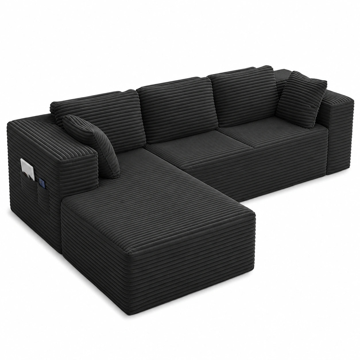 Modulares Ecksofa in L-Form, Cord, 3-Sitzer, Schwarz, inklusive Kissen & Seitentaschen