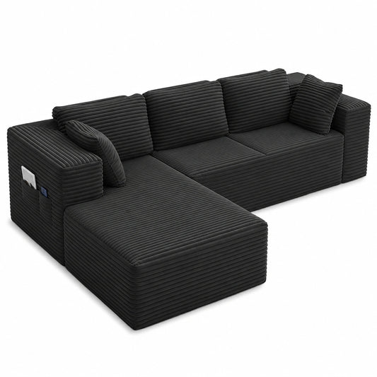 Modulares Ecksofa in L-Form, Cord, 3-Sitzer, Schwarz, inklusive Kissen & Seitentaschen