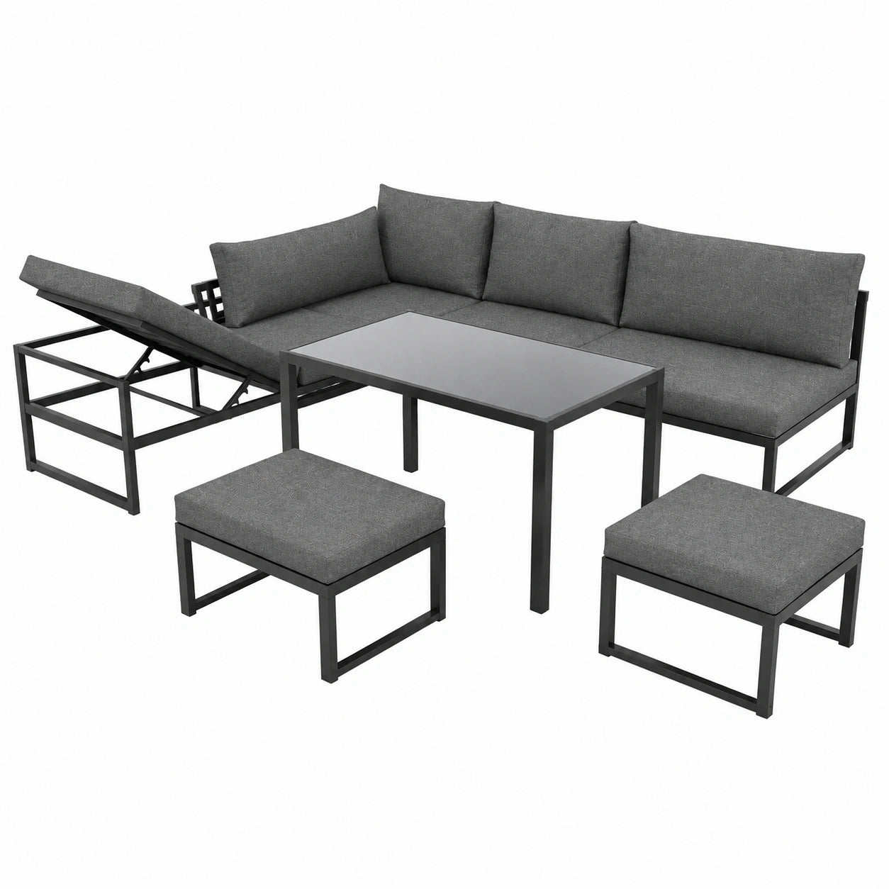 5-teiliges Gartenmöbel-Set mit verstellbarer Rückenlehne, inkl. Kissen, Grau