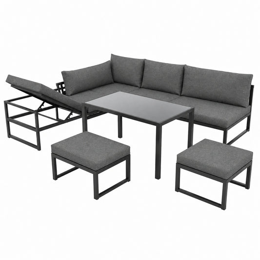 5-teiliges Gartenmöbel-Set mit verstellbarer Rückenlehne, inkl. Kissen, Grau