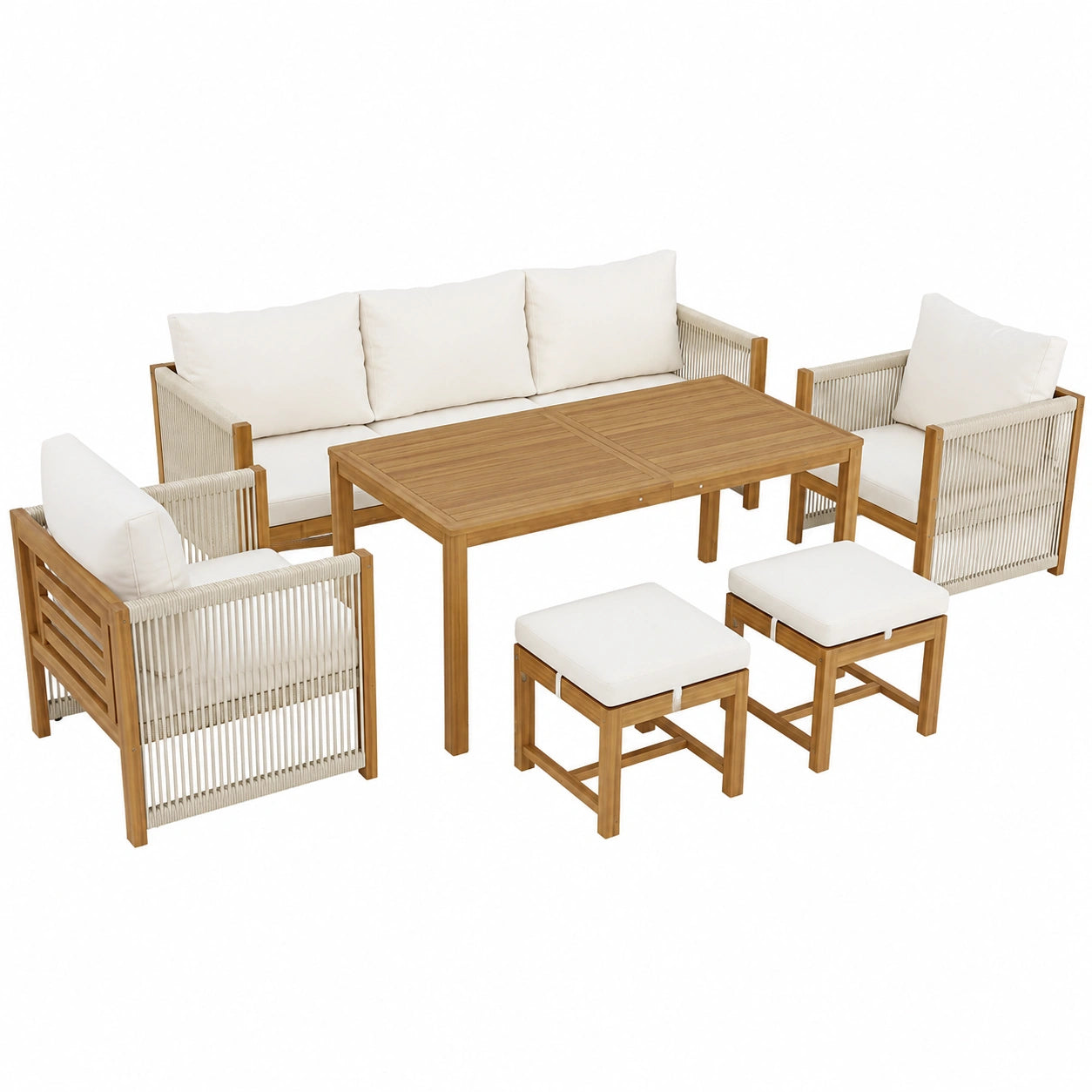 Mrwoo 7-Sitzer Garten-Loungeset mit handgewebtem Seil, inklusive 3er-Sofa, 2 Sessel, Hocker und Tisch, für Terrasse und Balkon, Beige