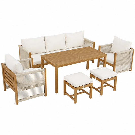 Mrwoo 7-Sitzer Garten-Loungeset mit handgewebtem Seil, inklusive 3er-Sofa, 2 Sessel, Hocker und Tisch, für Terrasse und Balkon, Beige